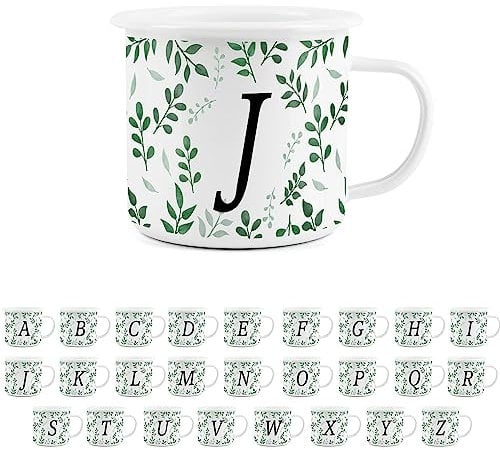 Foliage Letter J Mug -White Initial Personalised Alphabet Novelty Durable Hot Drinks Outdoor Cup for Travel Picnics Home Hiking