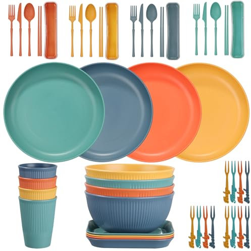 Yitriden 36pcs Camping Unbreakable Dinner Set, Lightweight Plastic Dinnerware Cutlery, Include Unbreakable Serving Bowls, Plates, Cups, Forks, Tableware, for Picnic Camping Party Wedding
