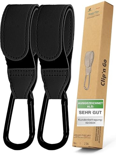 ADRIANO PORCARO® I Kinderwagen Haken für Taschen [2er-Pack] I Haken Kinderwagen I Perfekt für Wickelstasche und Laufrad Halterung Kinderwagen I Belastbar bis 40kg - Karabiner Kinderwagen (Schwarz)