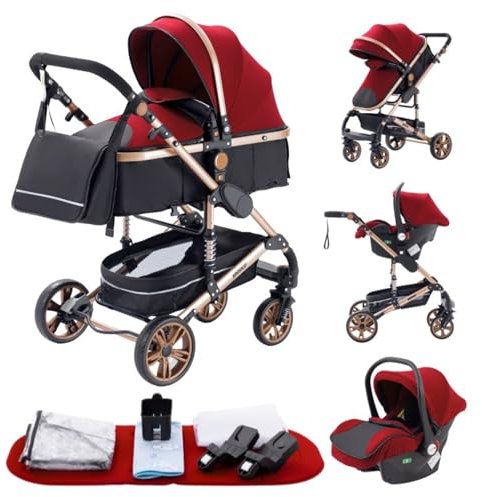 YAZOCO kinderwagen 3 in 1, Zusammenklappbar kinderwagen mit Wickeltasche,Komplettset Becherhalter,Moskitonetz, Fußabdeckung,Sitzzubehör (3 Rot)