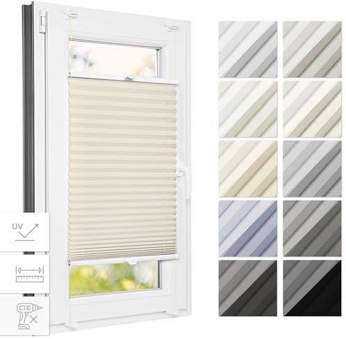Estika Thermo Plissee ohne Bohren 95 cm x 230 cm - Beige - Bruchfeste Klemmhalter, Plissee klemmfix, Rollos für Fenster ohne Bohren, Jalousien Fenster für innen, Raffrollo, Fenster plissee