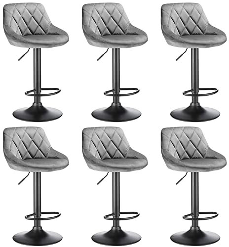 homewell Barhocker 6er Set, Polsterstuhl Tresenhocker, Drehbare Barstuhl Höhenverstellbar 85-105cm Samtsitz, Metall Barstuhl Basis mit Fußstütze (6, Hellgrau)