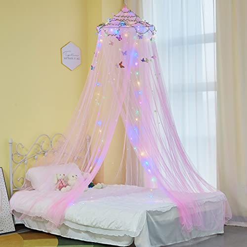 MHJY Bed Canopy for Girls Room Bed Curtains with LED Lights Mosquito Net DIY Princess Room Décor with Stars Butterflies for Kids Bedroom