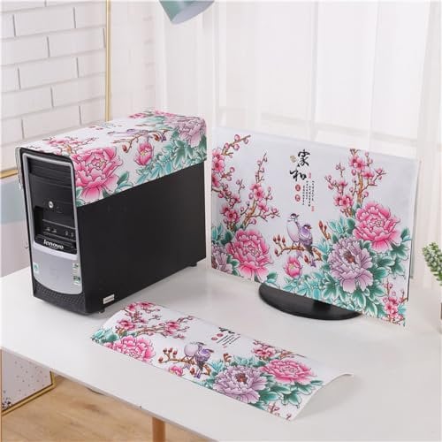 Hixingo 3 Pieces Set Computer Dirt-proof Cover, Desktop PC Dust Cover Pattern Protector Computer Screen Display Protective for 19-32 inch PC, Desktop and TV (27 inch,pink peony)