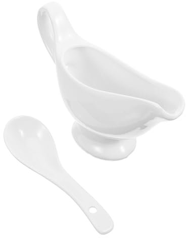 VINTORKY Saucière En Céramique 175 Ml Avec Cuillère Profonde, Récipient à Sauce Anti-éclaboussures Blanc, Service à Table Pour Jus De Viande, Ensemble 2 Pièces Pour Repas Familiaux Et Dîners