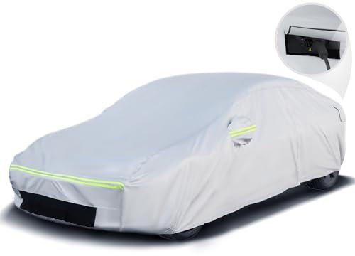 Favoto Funda Coche Tesla Model 3 - Cubierta Impermeable Resistente a la Intemperie de 6 Capas PEVA con Cremallera Lateral de Algodón y Orificios de Ventilación Diseño para Tomas de Carga Gris