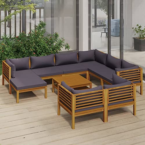BAZZI Salon de jardin 10 pièces - Gris foncé - Avec coussins - 5 coins + 3 pièces centrales + repose-pieds + table