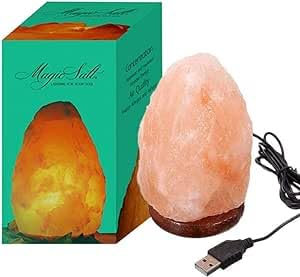 Lampada USB di sale dell'Himalaya - Rosa naturale - Lampada da scrivania con base in legno e LED. LUCE FISSA