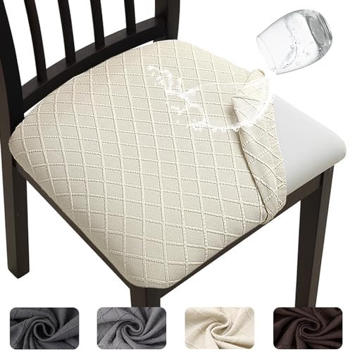 Meision Esszimmerstuhl Sitzbezüge TPU-Laminierung Wasserdicht 6er Set, Stretch Stuhlhussen Abnehmbare Waschbar, Esszimmerstuhl Sitzkissen Hussen für Küche, Esszimmer, Hotel, Hochzeit, Beige