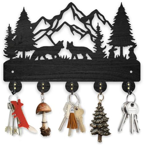 MAYJOYDIY Fox Mountain - Porte-manteau mural en bois pour clés - 30 x 20 cm - Avec 5 crochets en alliage - Décoration pour salon, cuisine, bureau