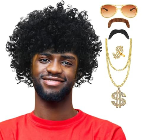 70er-80er-Jahre-Disco-Kostüm-Perücken-Set, Herren-Disco-Perücke - Herren-Lockenperücken | Männer-Disco-Kostüm-Set, 70er-Jahre-Outfits für Männer, Perücke für Cosplay-, 6-teiliger Retro-Stil für H
