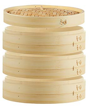 ANSNOW Vaporiera in Bambù, 3 Vaporiere 1 Coperchio per Cottura Tradizionale per Riso Dim Sum Verdure Carne e Pesce Al Vapore/30 cm
