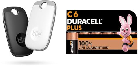 Tile Pro (2022) Bluetooth Item Finder, 2 Pack, 120m finding range, works with Alexa and Google Smart & Duracell Plus C Batteries (6 Pack) - Alkaline 1.5V - 100% Life Guarenteed