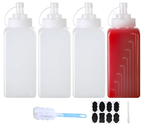 YBCPACK 4 Pack 32oz Large Plastic Squeeze Bottles with Nozzles, 1000ml Square Sauce Bottles, Food Grade Squeezy Condiment Bottle for Sauces, Ketchup and Salad Dispenser