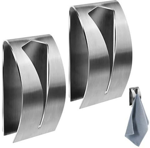Fzcyuoo 2 Pcs Tea Towel Holders Self Adhesive, Stainless Steel Wall Mount Hook Hand Bath Towel Hook, Strong Adhesive Hooks for Bathroom Kitchen, no Drill Required
