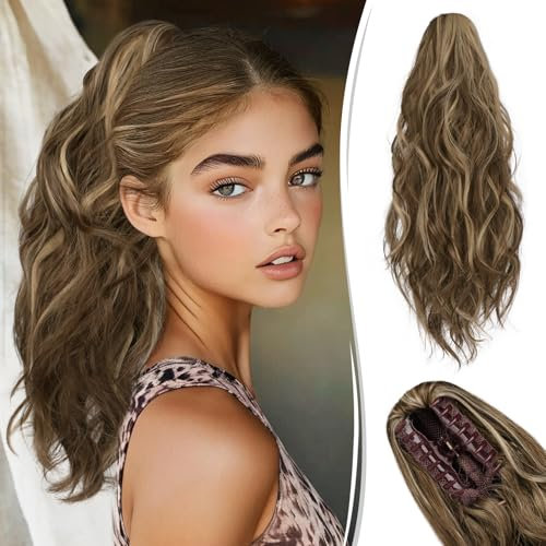RUWISS Pferdeschwanz Haarteil mit Klammer, 45cm Gewellte Claw Clip in Pferdeschwanz Haarverlängerungen Lange Synthetik Lockigen Ponytail Extension für Frauen, Hellbraun Gemischt Blond