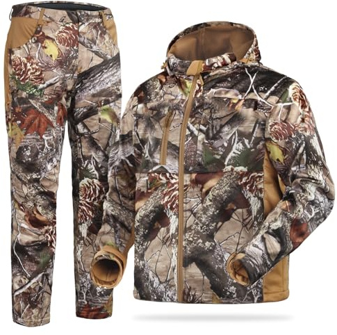 ShedOFF Silent Hunting Clothes for Men, Safety Strap Compatible Hunting Jacket and Pants with Fleece Lining, Quiet, Winter Warm, Water Resistant and Insulated(L Size, Camo Pine Cones)