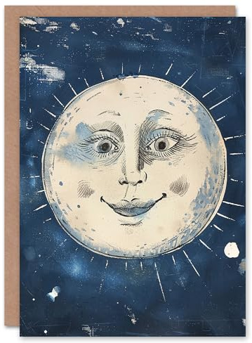 Artery8 Happy Smiling Face Full Moon Vintage Style Blank For Him Or Her Art Birthday Card