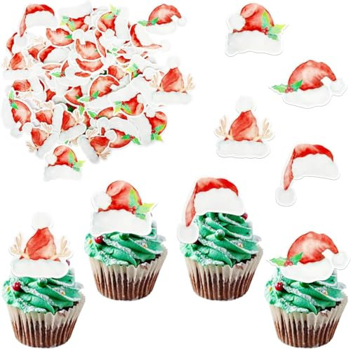 56 Stück Essbare Santahat Cupcake Toppers Frohe Weihnachten Tortendeko Nikolausmütze mit Geweih Kuchen Deko für Winter Frohe Weihnachten Thema Party Kuchen Dekorationen