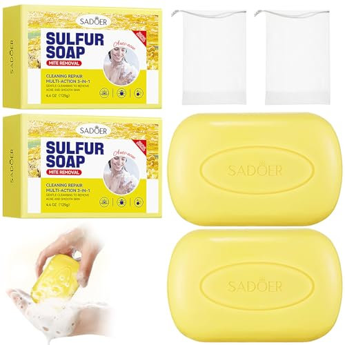 2 Schwefelseifen Schwefelseife, Schwefel Seife mit einem Schaumnetz, Naturseife, Schwefel-Formel Mit Tiefenreinigung Für Sensible Haut, Geeignet für den ganzen Körper und die Haare, Entfernt Talg-125g