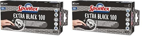 Spontex Extra Black Einmalhandschuhe aus Vinyl, ungepudert und latexfrei, vielseitig einsetzbar, in praktischer Spenderbox, Größe M, 200er Pack, schwarz