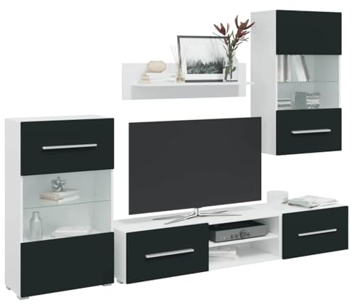 Emmtore 5-TLG. Wohnwand mit LED-Beleuchtung Mattschwarz Holzwerkstoff, TV-Möbel, Medienwand, Medienschrank, Anbauwand, Entertainment-Möbel Indigo
