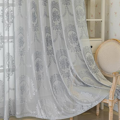 Ricemru Grau Vorhänge Wohnzimmer 245cm 3D Barock Muster,Gardinen Halbtransparent Ösen Rose Blumen,Romantisch Boho Lichtdurchlässig Ösenschal Ösenvorhang 2er Set 140x245cm
