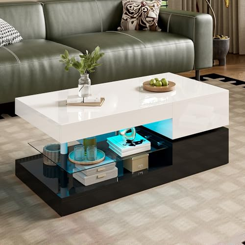 Kelodan Moderna mesa de centro 90 x 45 x 35,5 cm con iluminación LED ambiental, control por aplicación y Bluetooth, estante de cristal y superficie brillante, diseño blanco y negro para salón