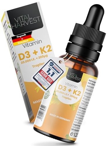 Vital Harvest® Premium Vitamin D3 K2 Tropfen 5.000 IE 30ml | Depot mit D3 & K2 MK-7 | Veganes Vitamin D3 + Vitamin K2 MK7, laborgeprüft in Deutschland hergestellt - ohne Zusatzstoffe (30ml)