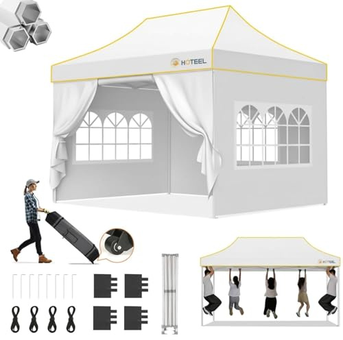 Hoteel Pavillon 3x4,5 Wasserdicht Stabil Winterfest,Verstärkter Faltpavillon mit Sechskantrohr-Gestell,Anti-UV Partyzelt Faltbar Gartenpavillon für Märkte,Tragetasche mit Rollen,4 Sandsäcke,Weiß