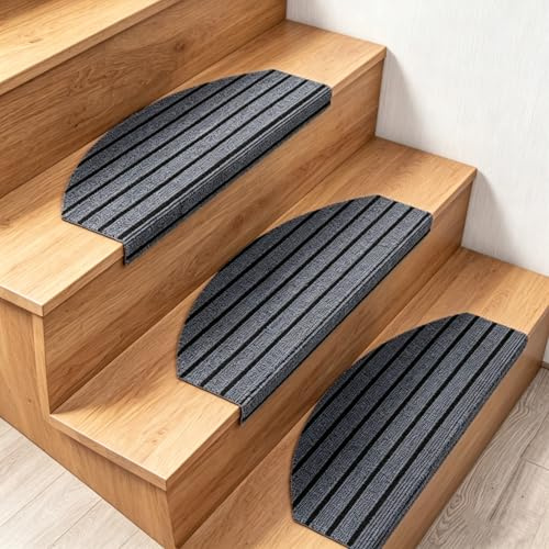 LIROPAU 15 Stück treppenstufen matten, 60x20cm selbstklebend Stufenmatten | Halbrund Rutschschutz Stufenmatten, Antirutschmatten für Treppen, Innen Rutschfest treppenteppich für Treppenschutz