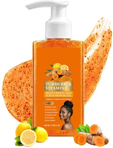 Gel Douche Exfoliant Au Curcuma Et à La Vitamine C, Savon Eclaircissant Peau Noir Rapide Et Efficace, Savon Au Curcuma Et éponges Exfoliantes Pour Nettoyer Et Hydrater Les Peaux Sèches