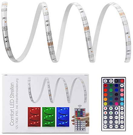 LED Universum 10 Meter Comfort LED Streifen Set RGB mit Netzteil, Controller & 44-Tasten-Infrarot-Fernbedienung, 30 LED/m, IP65, 12V, 5050 SMD, 7,2 W/m, für Wohn-, Schlafzimmer, Balkon, Terrasse