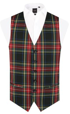 Dobell Mens Green Tartan Waistcoat Regular Fit 5 Button