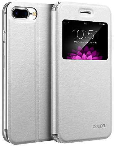 doupi FlipCase für iPhone 8 Plus / 7 Plus (5,5 Zoll), Deluxe Schutzhülle mit Sichtfenster Magnet Verschluss Klappbar Book Style Aufstellbar Ständer, weiß
