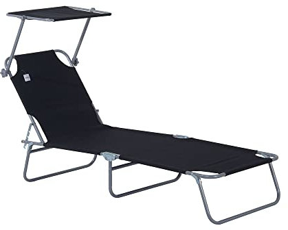Outsunny Transat Bain de Soleil Pliable Chaise Longue Pliante Grand Confort Dossier Inclinable Multi-Positions et Pare-Soleil réglable Dim. 187L x 58l x 36H cm Noir