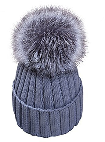 feifanshop Damen Warmem Winter Mütze Beanie Strickmütze mit Fellbommel Fuchspelz Echtfell Fell Pelz Kunstfell Winter-Mütze Bommelmütze … (grau)