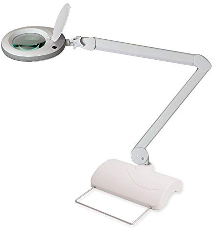 Lumeno LED Lupenleuchte 7213GR Lupenlampe mit 127 mm Echtglaslinse, Arbeitsplatzlampe, Kosmetiklampe, geeignet für Kosmetik, Bastler, Lesehilfe Vergrößerungslampe, 3 Dioptrien Grau mit Tischstativ