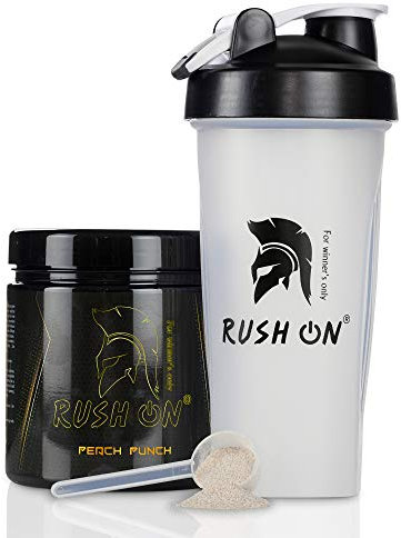 Rush On® Gaming Booster con shaker | Peach Punch Starter Bundle | 50 porzioni, 400 g, 500 ml | E-Sportler | Gaming Energy Drink | Aumenta le prestazioni | reazione | concentrazione | Energy Drink