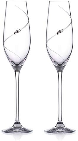 DIAMANTE Swarovski Champagne Flutes Prosecco Glasses Pair with ‘Silhouette’ Hand Cut Design Embellished with Swarovski Crystals