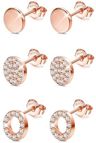Sllaiss 3 Paar Sterling Silber Runde Ohrstecker Set für Frauen Mädchen CZ Pflastern Ohrringe Mini Dot Runde Disc Ohrstecker Hypoallergen
