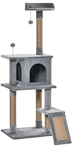 PawHut Cat Tree Tower 142cm Climbing Kitten Activity Center with Jute Scratching Post Board Perch Roomy Condo Removable Felt Hanging Toy, Grey