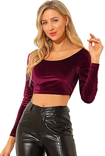 Allegra K Women's Velvet Long Sleeve Crops Off Shoulder Solid Crop Top Slim Fit Saree Blouse Burgundy S