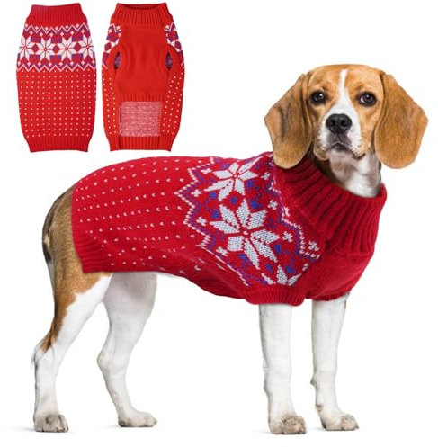 KATZINST Hunde Pullover, Weihnachtspullover Hund, Hundepullover Fleece Hundepullover Weihnachten mit Schneeflockenmuster, Hundepullover Grosse Hunde für Labrador Jack Russell Weimarer Hund, Rot XL