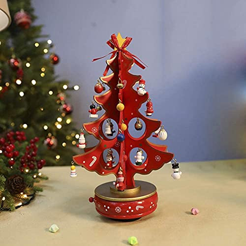 LSDRALOBPOI Weihnachtsbaum künstlich Christbaum Mini-Tisch-Weihnachtsbaum mit Spieluhr Abnehmbare Ornamente Holzsockel 1013(Color:Red;Size:13x7inch)