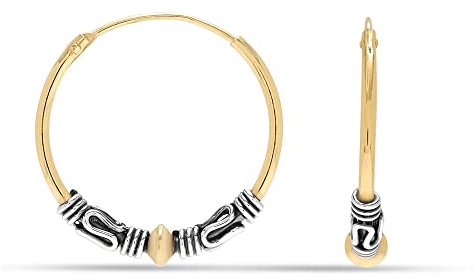 LeCalla 925 Sterling Silber Zweifarbiger Perlen Bohemian Bali Tribal Endless Creolen Ohrring für Teenager Frauen 20mm