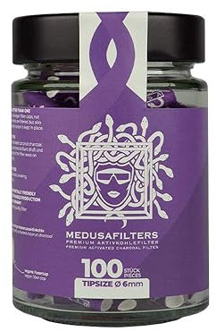 Medusafilters 100 Premium Aktivkohlefilter Slim ∅ 6mm im wiederverwendbaren Glas | mit veganen Fasercaps und Kokosnussschalen Aktivkohle für schadstoffärmeres Rauchen (VIOLET EDITION)
