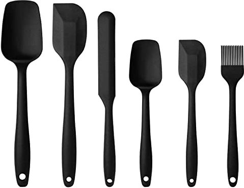Lot de 6 ustensiles de cuisine en silicone avec cuillère, brosse de cuisson,spatule,qualité alimentaire,résistant à la chaleur,acier inoxydable et design sans couture en une seule pièce (noir)