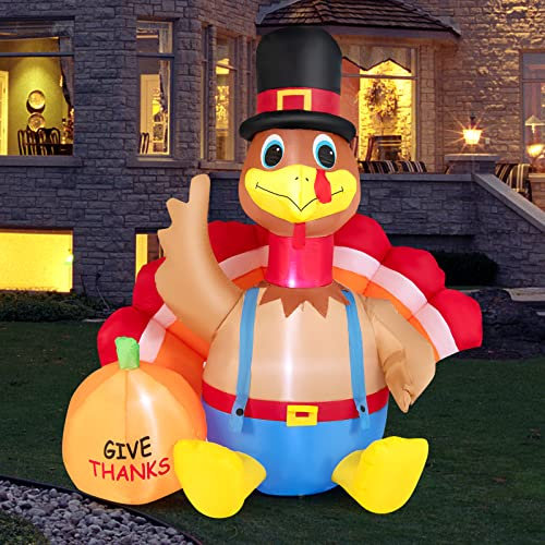 COSTWAY Inflatable Thanksgiving Turkey, Blow-up Turkeys with LED Lights and Built-in Fan, Harvest Autumn Decoration for Home, Yard, Garden
