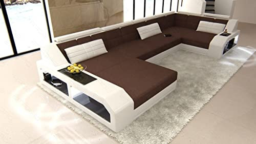 Sofa Wohnlandschaft Arezzo Stoff - mit LED Beleuchtung, verstellbare Kopfstützen, Ottomane/Mikrofaser/Ausrichtung wählbar (Ottomane Links, Weiss-Cappuccino)